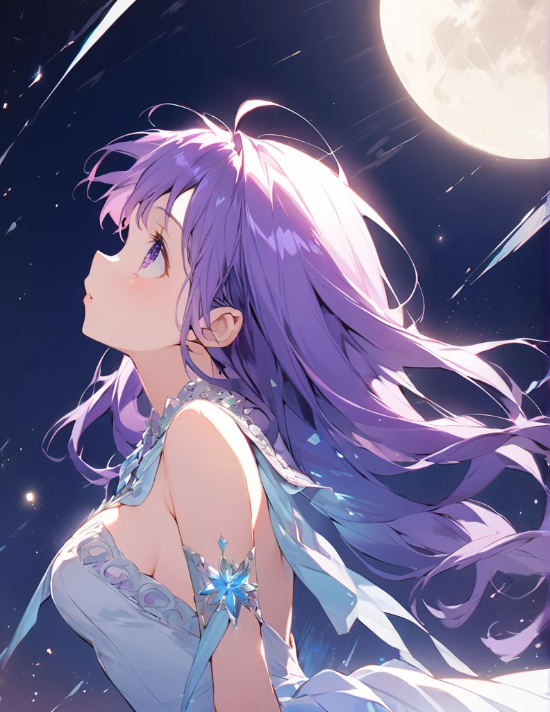 Profile of a beautiful girl with long purple hair and a princess dress, side boob exposed Screentone processing Looking up at the moon Shaded painting style Shining Star vivid description