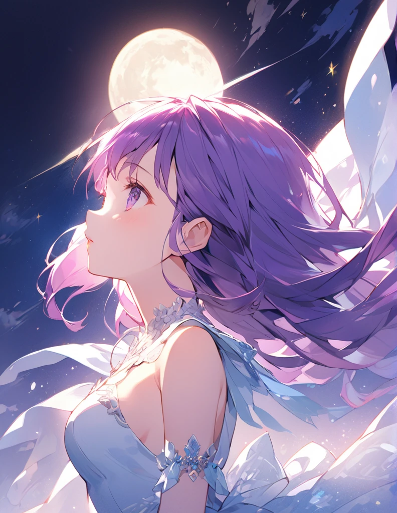 Profile of a happy beautiful girl with long purple hair and a princess dress. Side boob exposed. Screentone processing Looking up at the moon Shaded painting style Shining Star vivid description