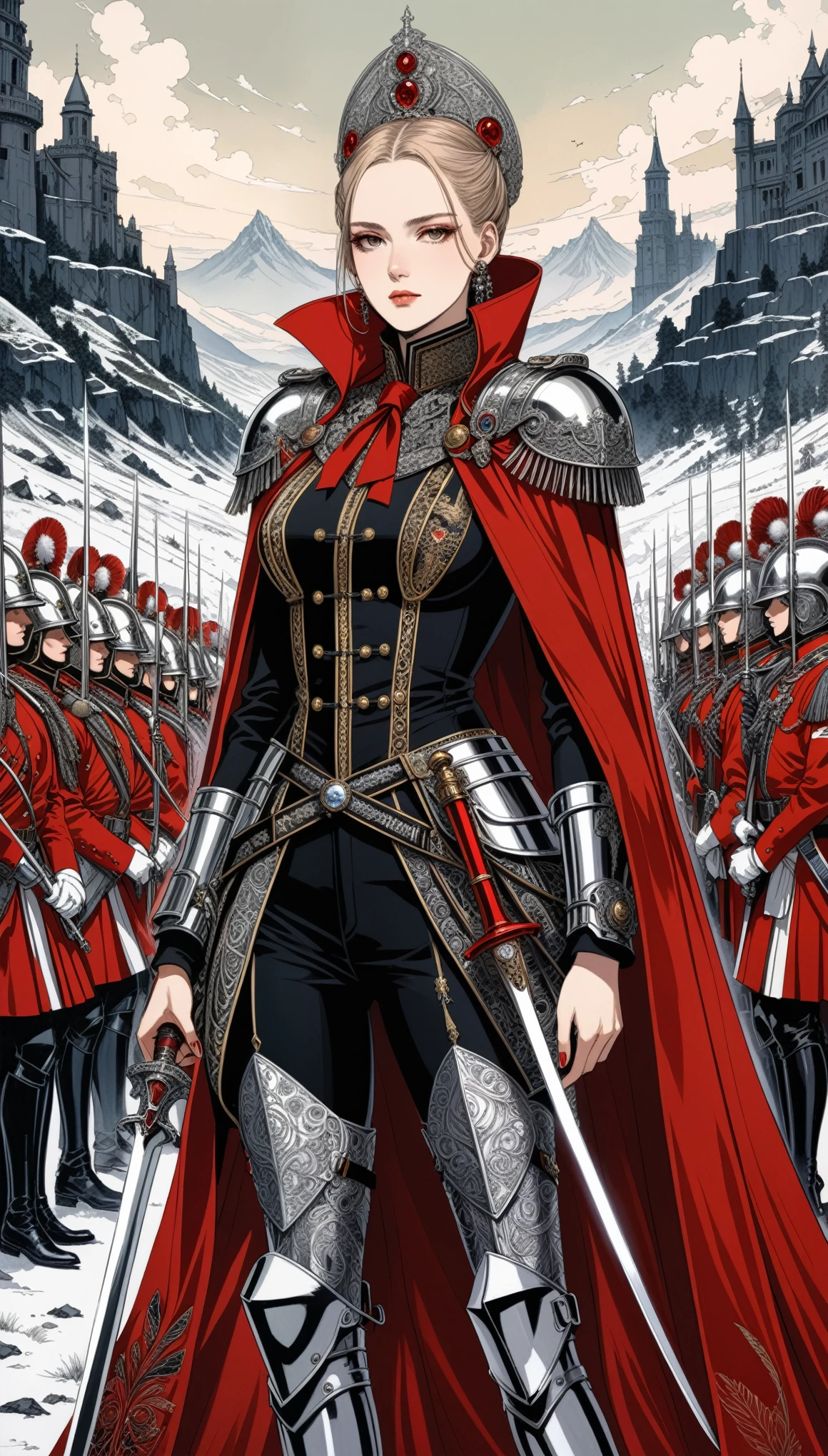 (in style of Harry Clarke:0.5),in style of Santiago Caruso,
1girl,holding a fancy rapier in his hand,military uniforms,neckwear_request,red general's cape,ribbon,wilderness battlefield,imposing female generals,(insanely detailed and intricate, hypermaximalist, elegant, ornate, hyper realistic, super detailed)