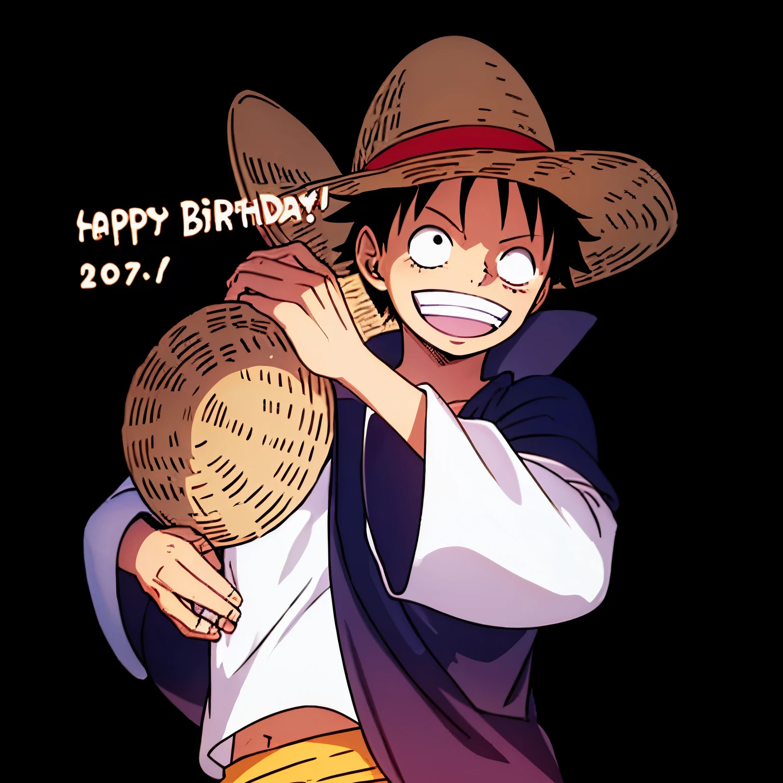 1boy, wanostyle, monkey d luffy, smiling, straw hat, happy birthday