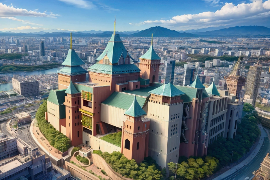 panoramic:1.2, ((A very bright, Western-style, futuristic castle in Hakata, Fukuoka Prefecture.16K)), masterpiece:1.3, best quality:1.2.