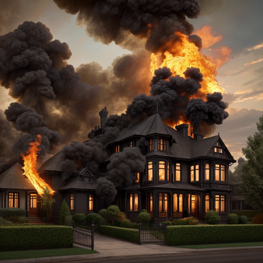 Victorian house on fire, 1940s, Landscape, street view, (Extremely detailed CG unit 8k wallpaper), the most beautiful works of art in the world, Majestic oil painting professional, intrikate, High detail, sharp focus, Dramatic and photorealistic painting art Anja