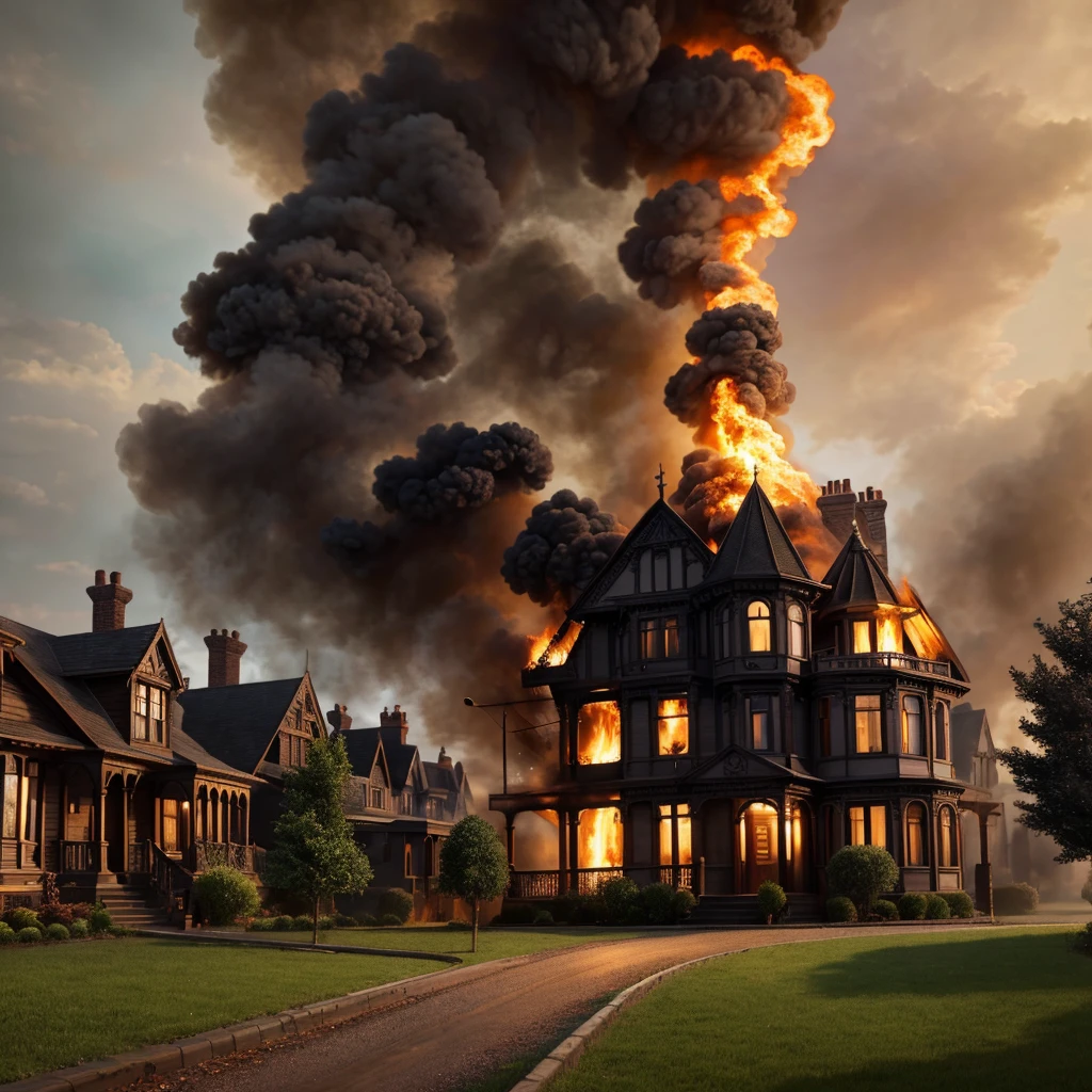 Victorian house on fire, 1940s, Landscape, street view, (Extremely detailed CG unit 8k wallpaper), the most beautiful works of art in the world, Majestic oil painting professional, intrikate, High detail, sharp focus, Dramatic and photorealistic painting art Anja 