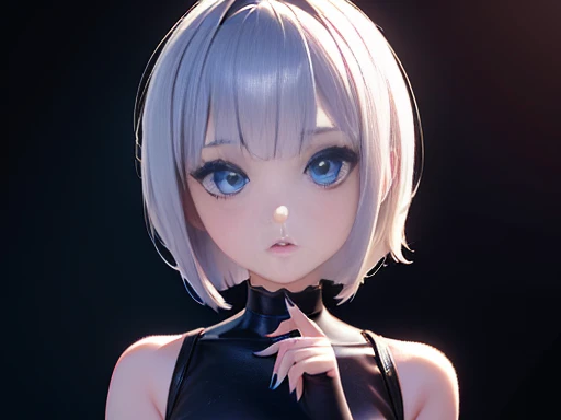 3D Digital Art Masterpiece, cute girl with asymmetrical face, blue eyes white skin eyeliner, slim full body 2d hair short bob style with bangs, dark makeup,  perfect detailing on hands and body, full HD image portrayed full body 