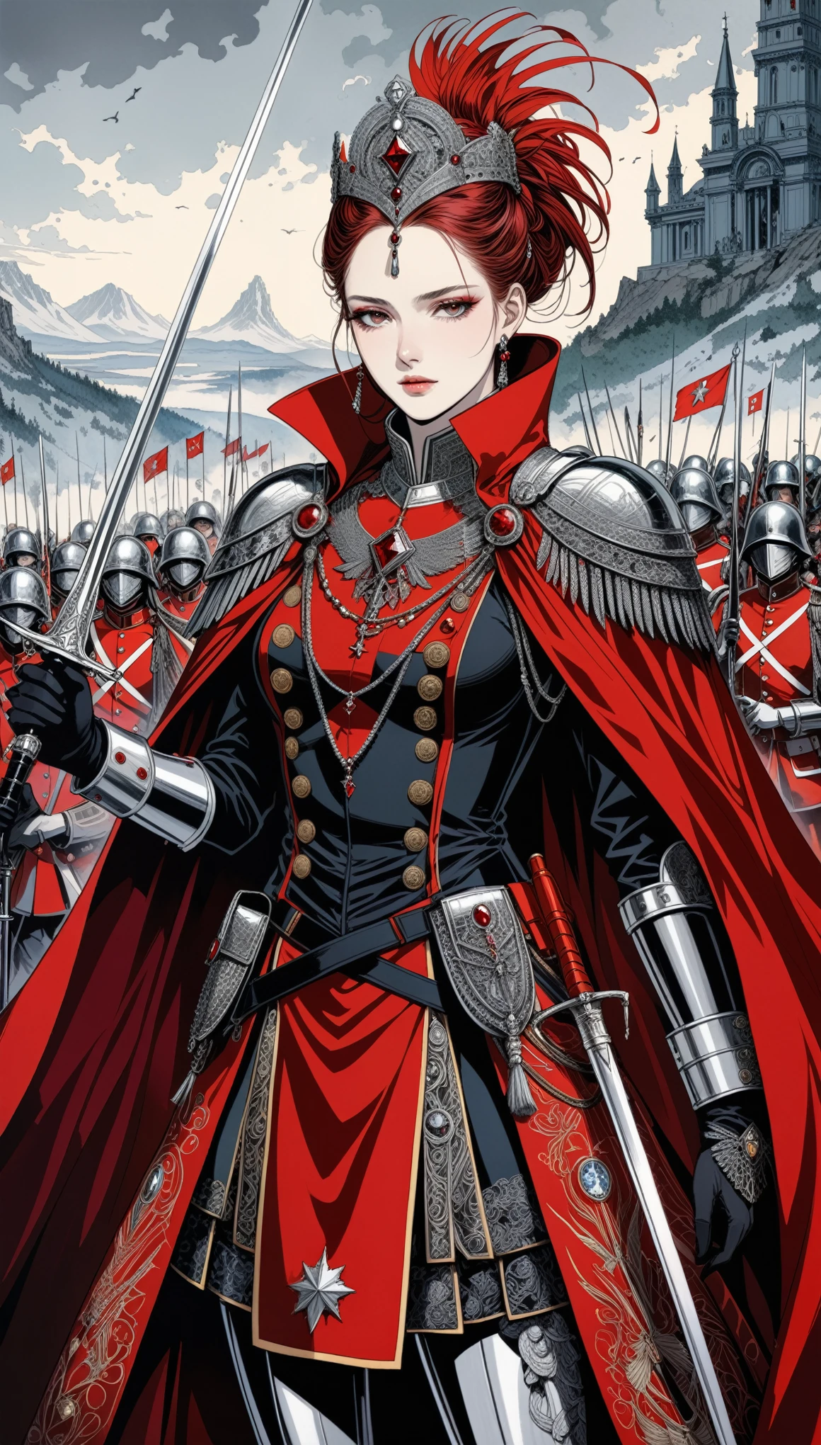 (in style of Harry Clarke:0.5),in style of Santiago Caruso,
1girl,holding a fancy rapier in his hand,military uniforms,neckwear_request,red general's cape,ribbon,wilderness battlefield,imposing female generals,(insanely detailed and intricate, hypermaximalist, elegant, ornate, hyper realistic, super detailed)