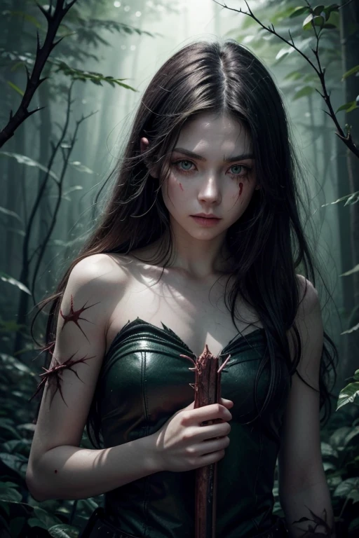 draw a dark book cover with a girl with white skin and green eyes in a dark forest pointing a wand surrounded by thorns, scars and blood