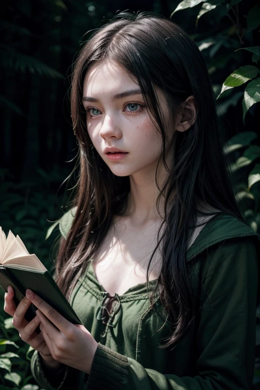 draw a dark book cover with a girl with white skin and green eyes in a dark forest pointing a wand surrounded by thorns, scars and blood
