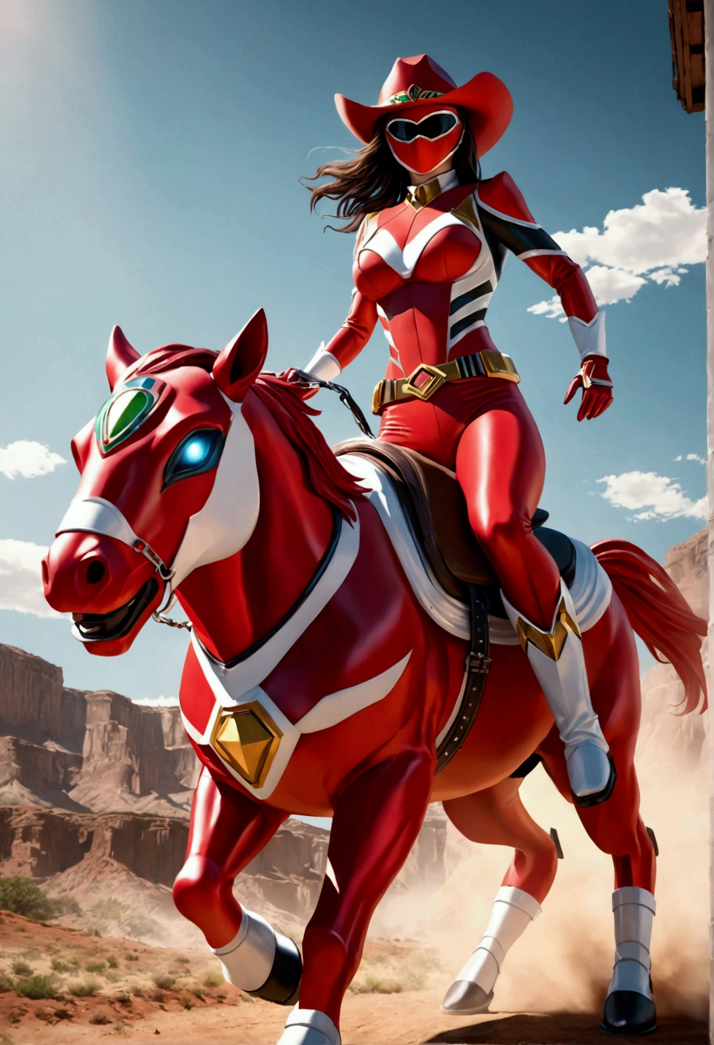 a beautiful busty cowgirl riding a red robot horse, wearing power ranger suits, power ranger mask, (cowboy hat:1.3), detailed facial features, highly detailed, photorealistic, 8k, masterpiece, dynamic lighting, dramatic lighting, cinematic composition, vivid colors, warm color palette, dramatic pose, action, adventure, (cowboy boots:1.3), leather jacket, dynamic motion blur, intricate details