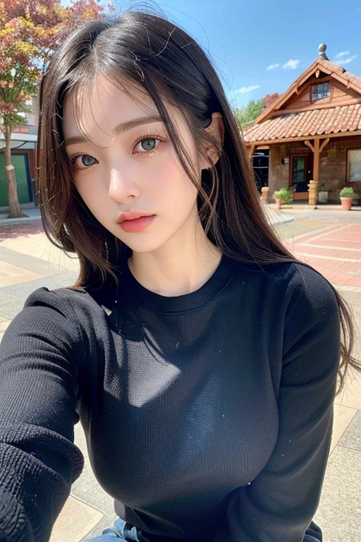 (masterpiece:1.3), (8k, Realistic, RAW Photos, Best image quality: 1.4), (Random Hairstyles:1.2)、Mid-chest、(Highly detailed face)、Attention to eye detail、Attention to detail、Perfect double eyelids、(Dark Eyes:1.4)、(Sharp focus:1.2)、Beautiful woman:1.4、30-year-old woman、((Black Hair))、Ultra-high resolution、super high quality、Symmetrical face、Symmetrical eyes、Photo level、8k最高画質はフル、The face is very realistic、Extremely realistic skin、Realistic light and shadow effects、Professional lighting from the front、((Angle from thigh up))、Random colored sweatshirts、Long sweatshirt、((outside、Town))