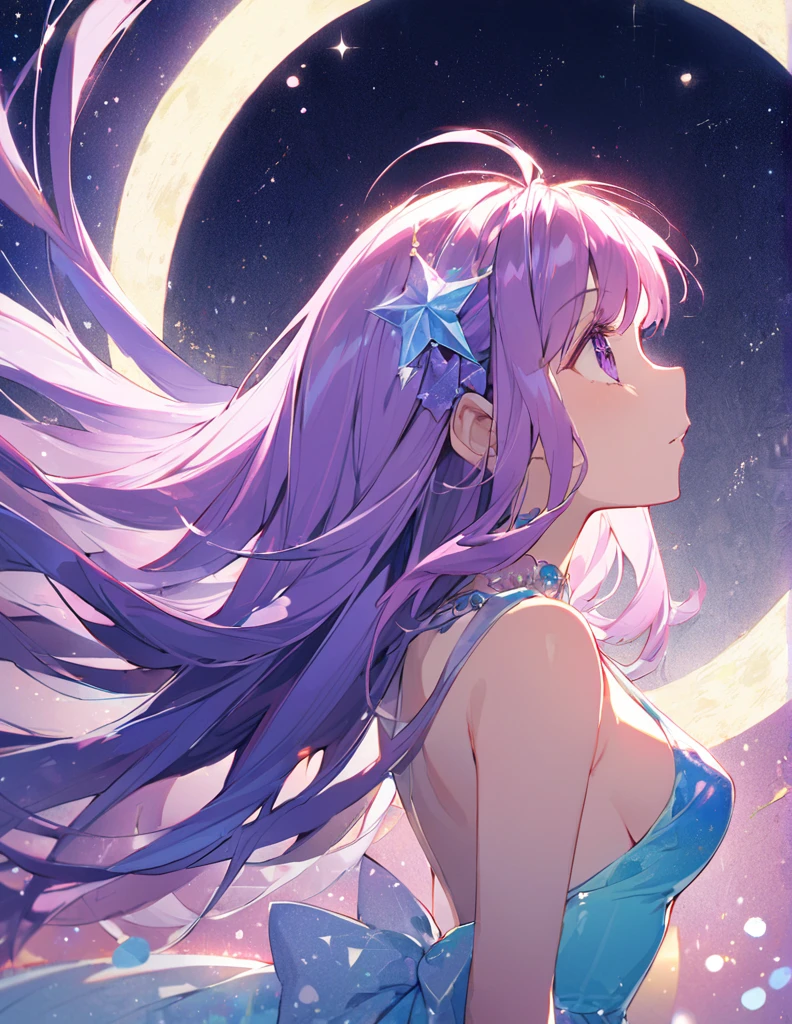 Profile of a beautiful girl with long purple hair and a princess dress, side boob exposed　Screentone processing　Looking up at the moon　Shaded painting style　Shining Star　vivid description
