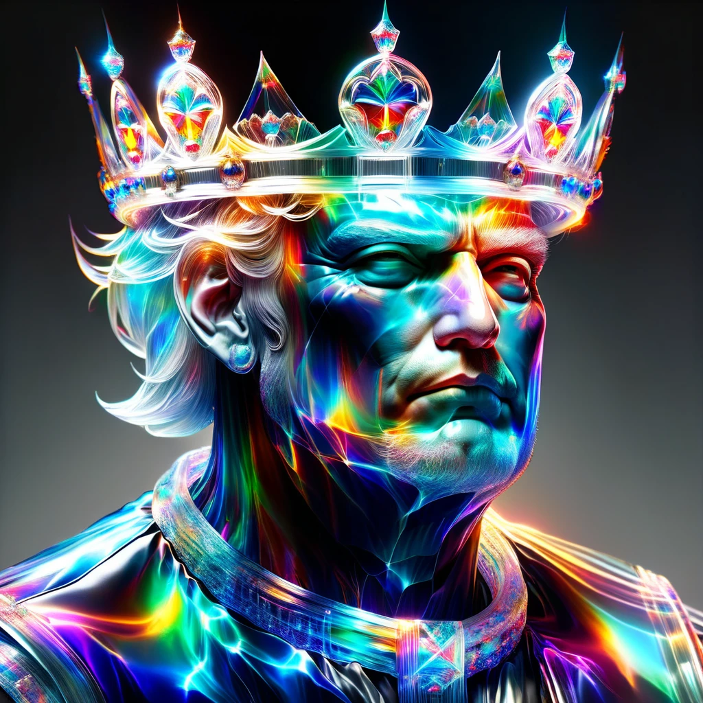 hyper detailed masterpiece, dynamic realistic digital art, incredible quality,transparentes,Donald Trump,  wearing a crown united states shirt DonMSp3ctr4lXL