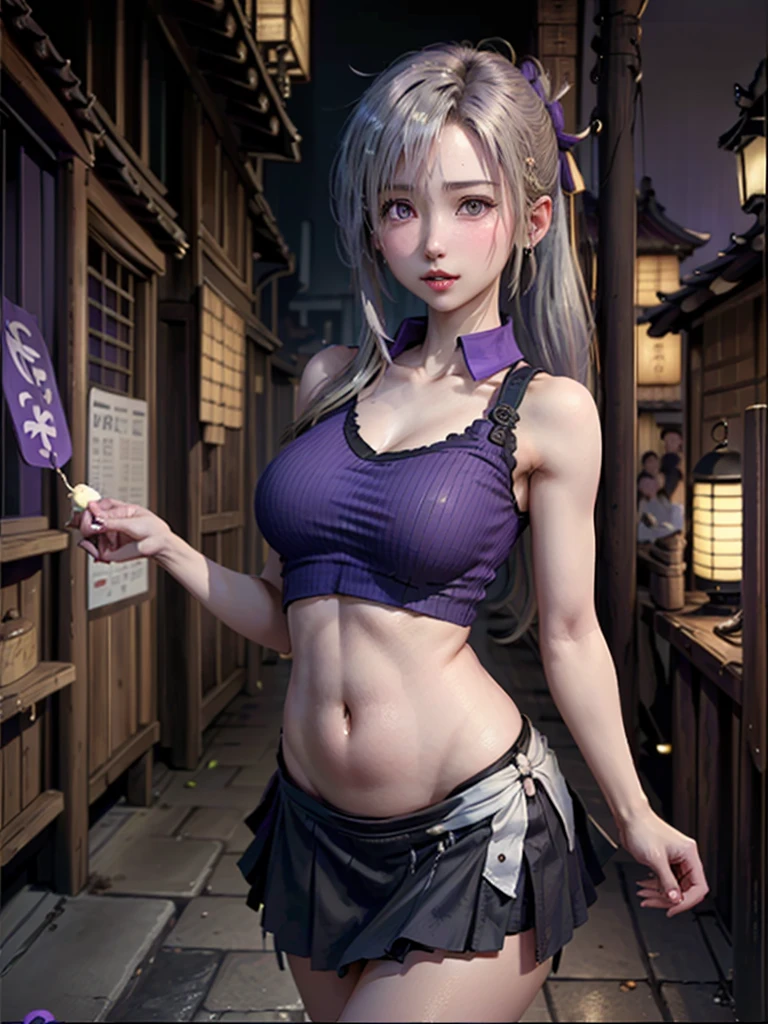 ((((InoYamanaka)))), (((purple shirt collared, sleeveless, medium breasts, navel, long hair, blonde, ponytail, hair over one eye, lips, gray eyes, purple skirt, thigh, bare shoulder))), (((narrow alley, edo architecture, village, outdoor))), ((cum navel:1.5)).