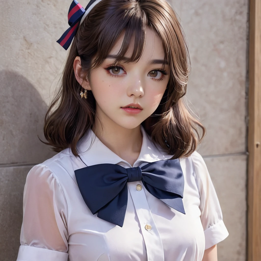 (extremely delicate and beautiful: 1.2), 1 girl, fashion girl, hits, pretty eyes, bow, Brown hair, Closed mouth, oblique, hair between the eyes, hair bow, short sleeves, looking at the viewer, medium hair, Alone, whole body, School uniform: 1.3, ((Alone)), (masterpiece), rubio
