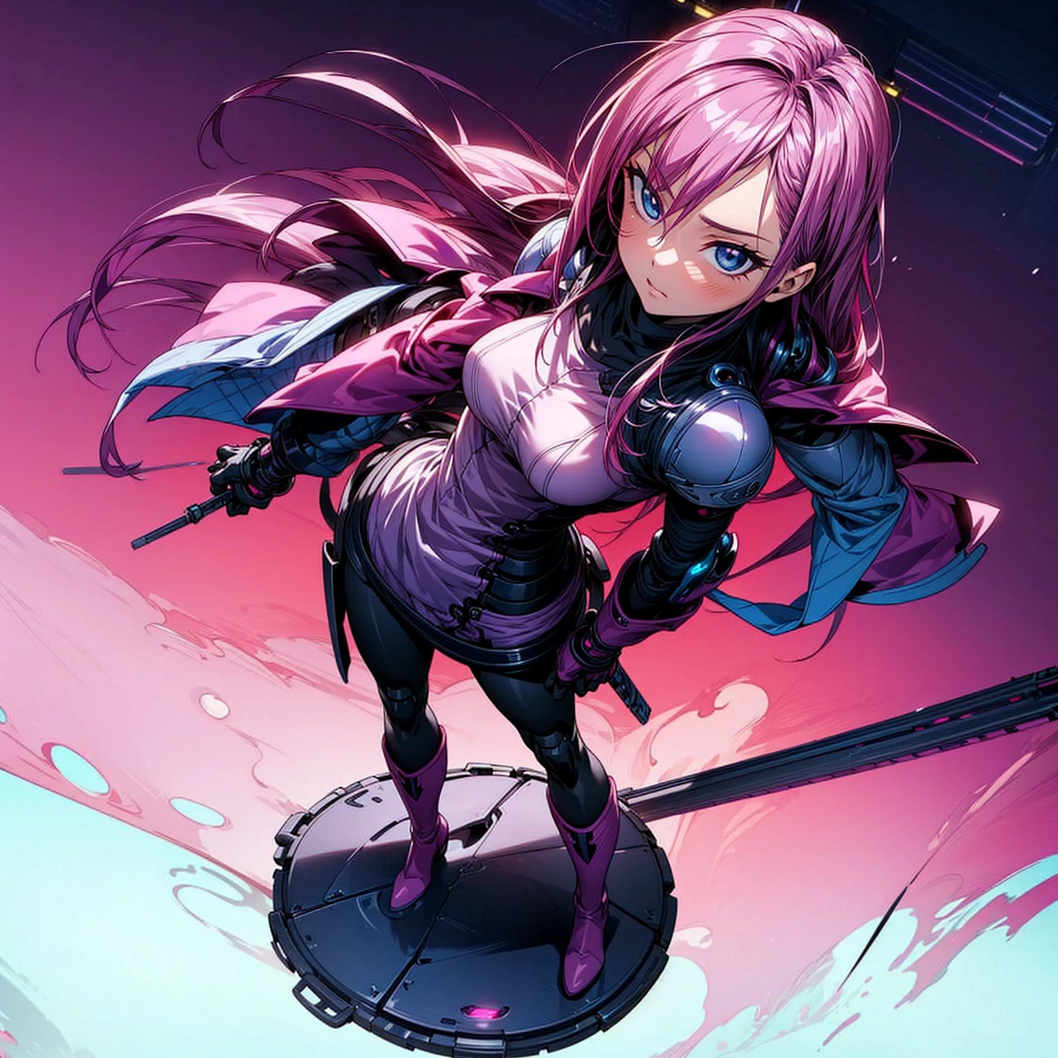 Ultra detailed, full background, Full body version, Grassroots, background in field, (solo, girl, cyborg, blue eyes, magenta color hair, long hair, Boots), standing gesture, hand turns into a shotgun, high angle view 