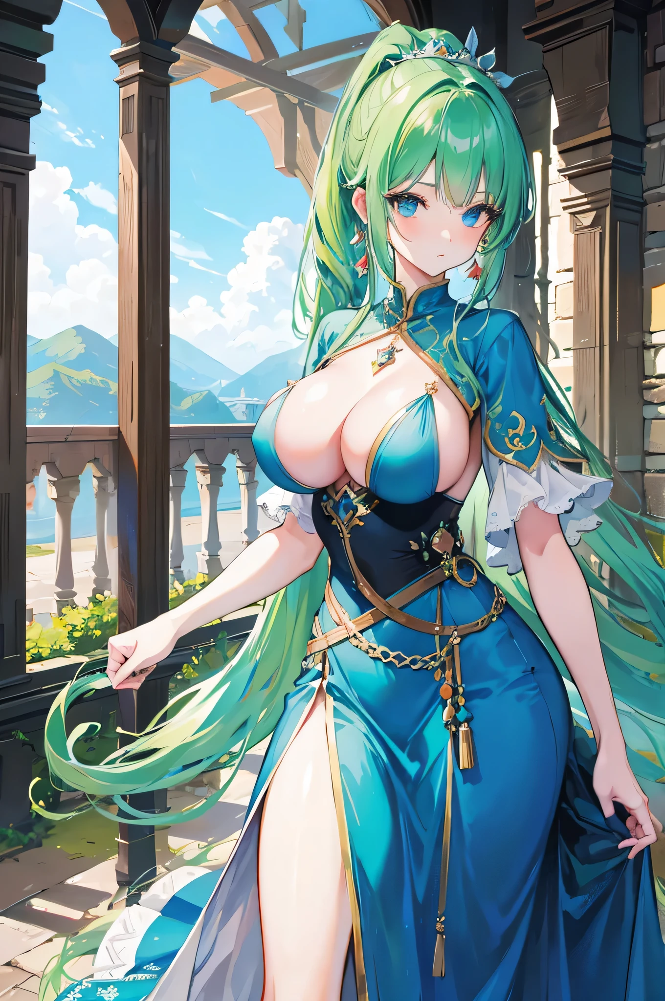 4K,High resolution,One Woman,Green Hair,Long Ponytail,Blue eyes,Big Breasts,PRİNCESS,緑色のPRİNCESSのドレス,Long dress,Well good,PRİNCESSのティアラ,Jewelry decoration,Medieval castle
