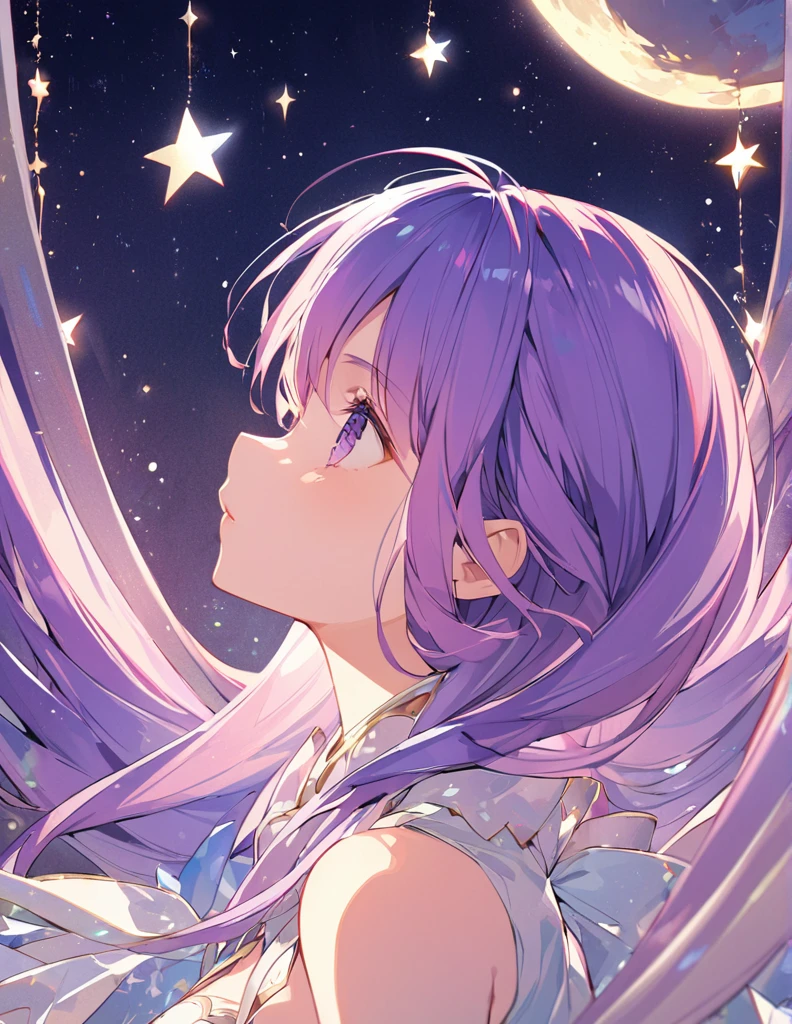 Profile of a beautiful girl with long purple hair and a princess dress, side boob exposed Screentone processing Looking up at the moon Shaded painting style Shining Star vivid description