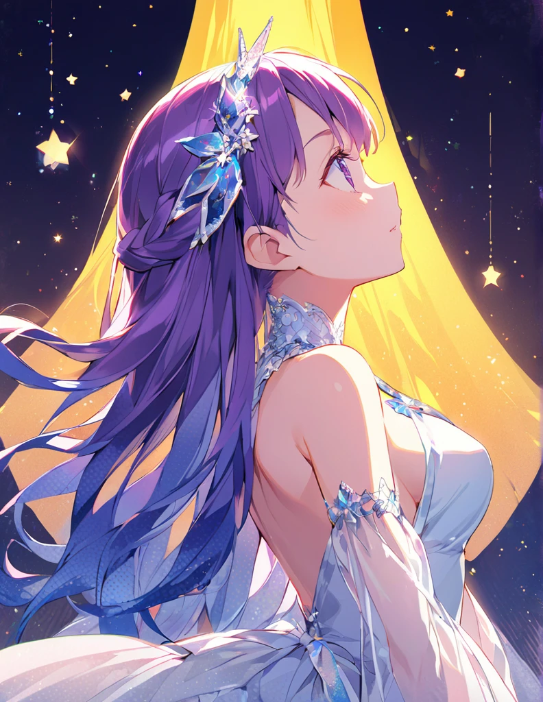Girl, Located in the corner, Looking at the sky, Solo, Mona (Genshin Impact), choker necklace, hair between eye, Star (symbol), Long hair, Dark purple hair, double tails, Blue eyes, Shining eyes, jewelry, witch, maid, bangs, purple black dress, Purple skirt, White apron, landscape, Night sky, Star (sky), Starry sky, Night, En plein air, Clouds, Reflection, water, magic, tarot, Water magic, ((beautiful golden crystal star)),  space, Water droplets, Splash