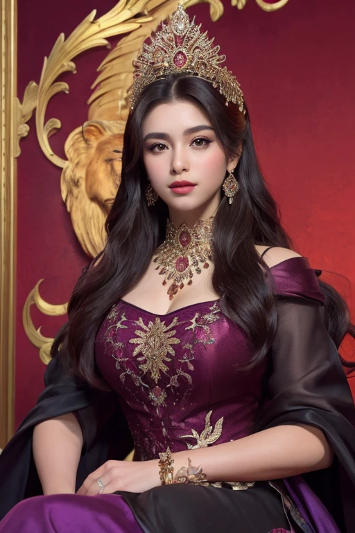 ((best quality)), ((masterpiece)), (detailed), beautiful girl in purple-gold gown (black-red background wall theme with big sign of LIONDEZ)