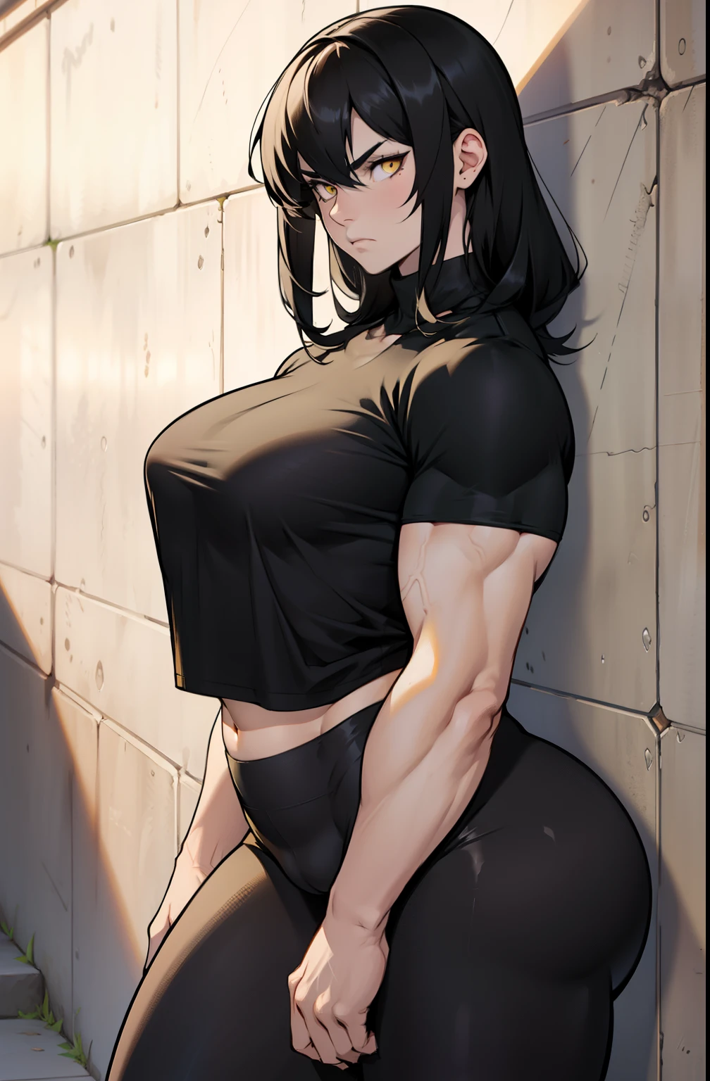 1girl muscular pale skin black hair yellow eyes black against wall frown tight shirt leggings thick thick thick thick muscular muscular muscular