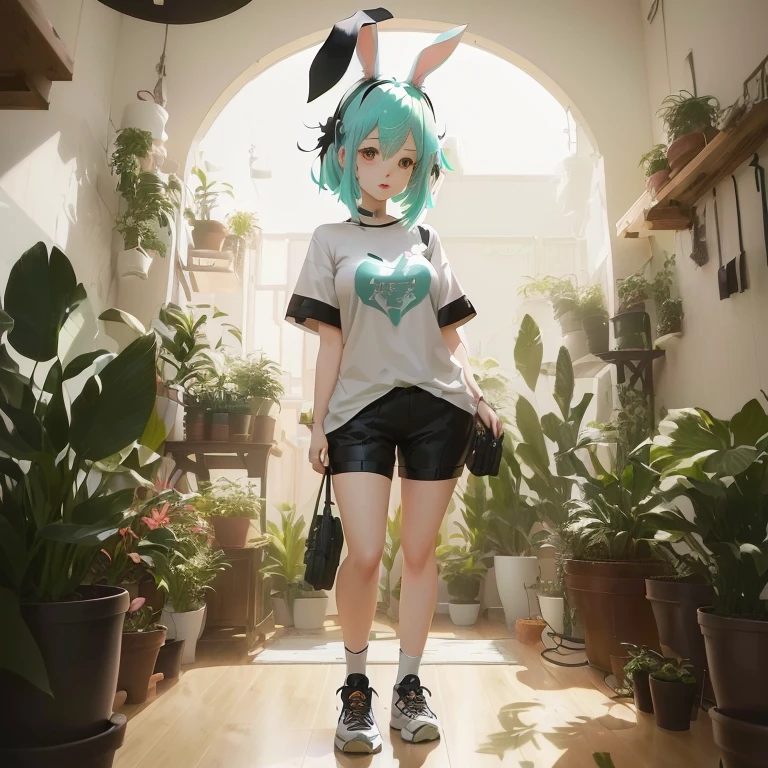 anime girl in a white shirt and black shorts standing in a room with potted plants, with bunny ears, artwork in the style of guweiz, with big rabbit ears, anime style 4 k, guweiz, rin, realistic anime 3 d style, anime style. 8k, anime art wallpaper 8 k, anime girl with cat ears, mikudayo