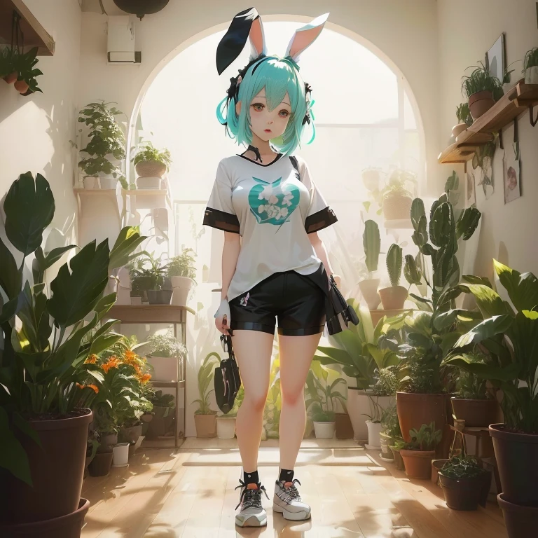 anime girl in a white shirt and black shorts standing in a room with potted plants, with bunny ears, artwork in the style of guweiz, with big rabbit ears, anime style 4 k, guweiz, rin, realistic anime 3 d style, anime style. 8k, anime art wallpaper 8 k, anime girl with cat ears, mikudayo