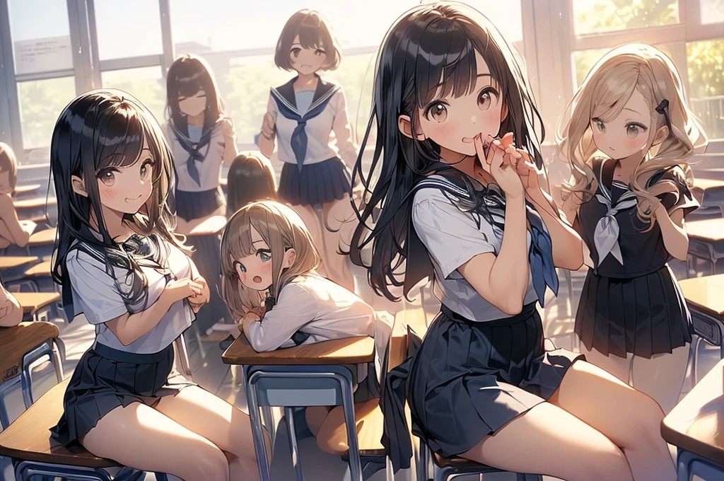((masterpiece, Highest quality, High resolution, 超High resolution, Pixel Perfect, Written boundary depth, 4K, RTTX 10.0, Human Development Report))), , beauty、View the whole body、(masterpiece: 1.2, Highest quality, masterpiece, Clearer images), (Bright colors), ((Take clear photos even from a distance)), (Multiple Girls), (Harem), (School classmates), (((All school uniforms have the same design))), (((Everyone is wearing the same design skirt))), (((Everyone is wearing a swimsuit of a different color and design..))),(()), ((prostitution婦)), (In the classroom), (笑face)、((Young people))、(cute Japanese((6 Girls))), (((infant'face))), ((Group shot)), (Group Selfie), ((I can see your butt from your thighs))、Wide-angle, Soft Light,(((Blazer Uniform, Checkered Pleated Skirt)))、(Slightly larger breasts), ((prostitution)), ((Audiences love it)), landscape、(((Showing panties:1.6)))、((Grab your chest:1.3)),(((Good lift:1.2)))、 ((Green Eyes, Beautiful eyelashes, Realistic eyes)), ((詳細なface, blush:1.2)), ((Smooth texture:0.75, Vibrant质感:0.65, Vibrant:1.1, Anime CG style)), Mid-chest, Perfect body, Beautiful curves、Beautiful feet、thin、笑face, attractive way to sit,((Crouching pose)), Aerith Gainsbourg, Hair Ribbon, bracelet, Brown Hair, Side Lock, Parted bangs, Green Eyes, Braiding, ((()Award-winning designer underwear))、(((Everyone wears different colors and designs of underwear..))),Showing panties、((((Leg spread:1.4)))、((Grab your chest:1.3)),(((Good lift:1.2)))、Close one eye、Push out'between legs、between legsの詳細な描写、Knee-length white loose socks、Selfie