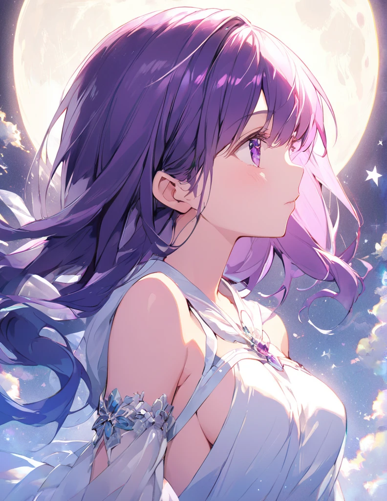 Profile of a beautiful girl with long purple hair and a princess dress, side boob exposed　Screentone processing　Looking up at the moon　Shaded painting style　Shining Star　vivid description
