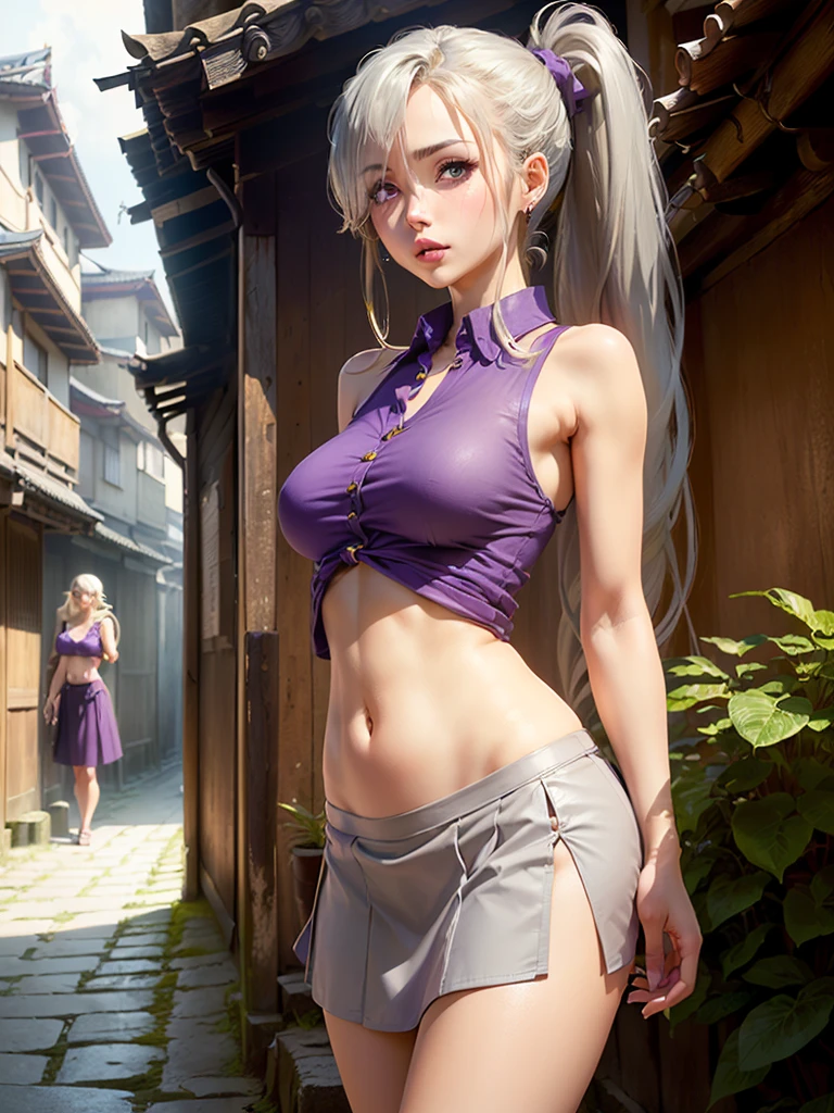 ((((InoYamanaka)))), (((purple shirt collared, sleeveless, medium breasts, navel, long hair, blonde, ponytail, hair over one eye, lips, gray eyes, purple skirt, thigh, bare shoulder))), (((narrow alley, edo architecture, village, outdoor))), ((cum navel:1.5)).