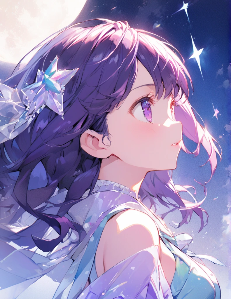 Profile of a beautiful girl with long purple hair and a princess dress. Side boob exposure.　Screentone processing　Looking up at the moon　Shaded painting style　Shining Star　vivid description
