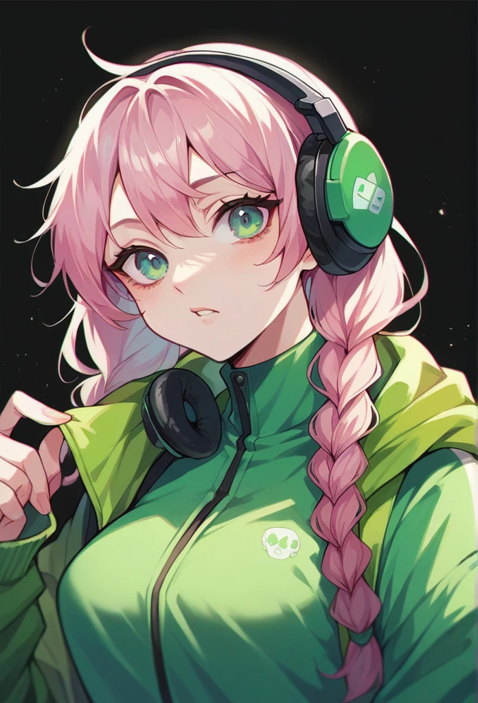 Free fire gamer style female character. With hair with two braids. In a green outfit with black background