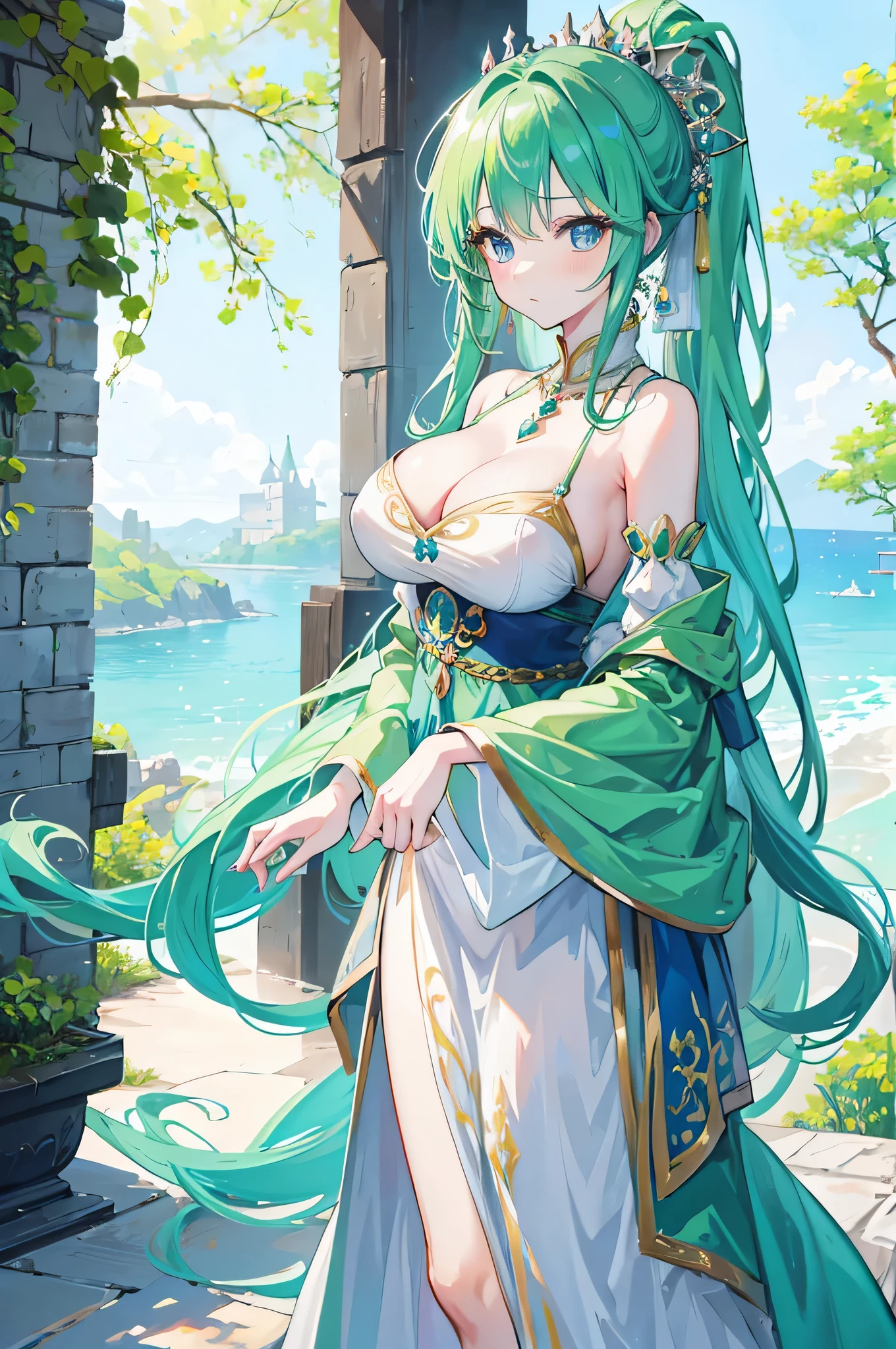 4K,High resolution,One Woman,Green Hair,Long Ponytail,Blue eyes,Big Breasts,PRİNCESS,緑色のPRİNCESSのドレス,Long dress,PRİNCESSのティアラ,Jewelry decoration,Medieval castle