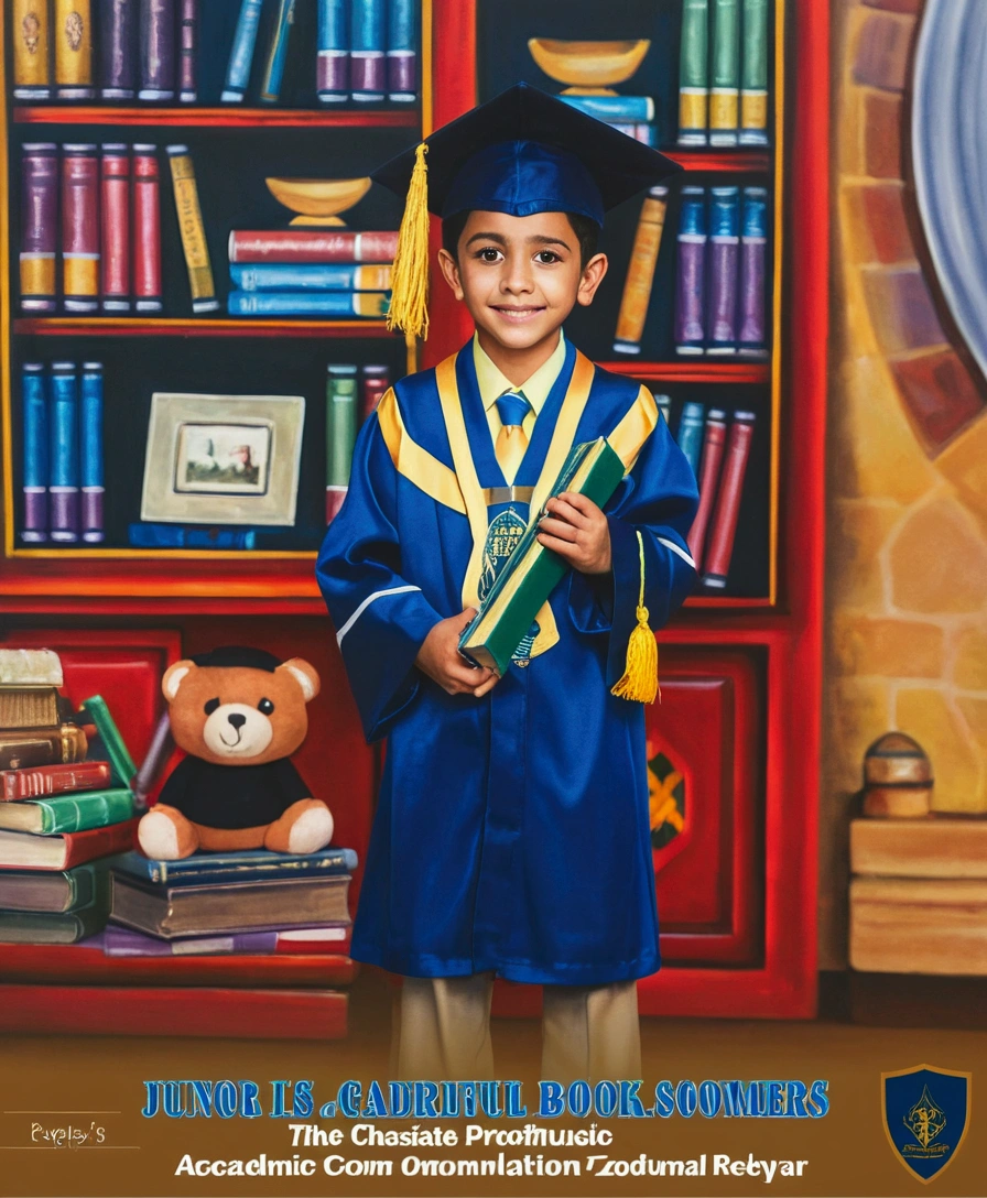 there is a young boy in a graduation gown holding a book, wearing an academic gown, graduation photo, for junior, young wizard, photoshot, kid, young commoner, full protrait, , potrait, academy headmaster, reyyan, riyahd cassiem, post graduate, profesional photography, formal portrait, mid-shot