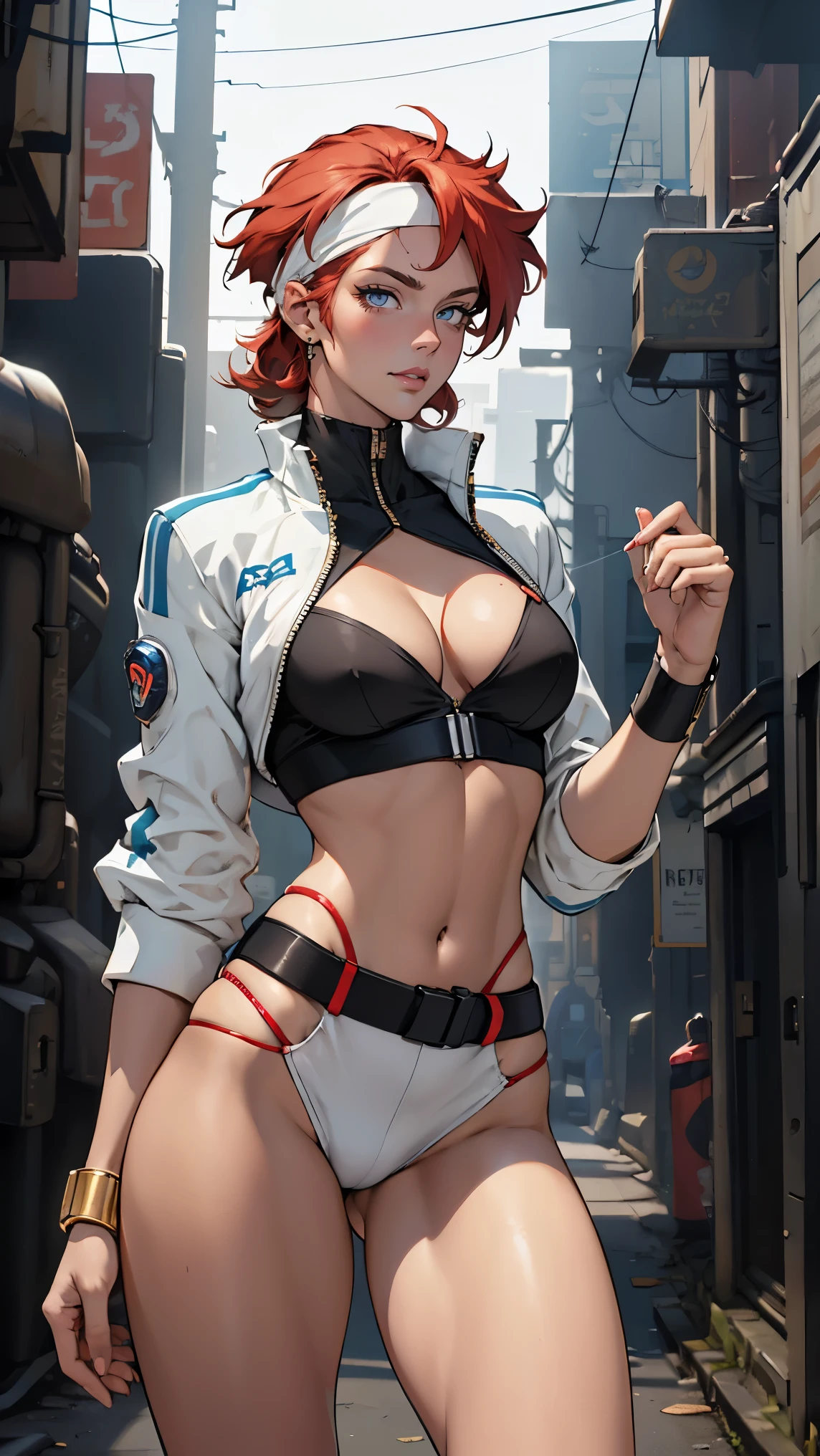 ((Masterpiece, highest quality; 1.3)), super quality, beautiful detail, super detailed, extra fine, 16K, exquisite, absurd, high resolution, beautiful background, detailed background, beautiful eyes, beautiful skin, anime style, Kay from Dirty Pair in a white outfit, tight outfit, cleavage, bushy redhead beauty, very light blue uniform, wearing tight clothes, skimpy, (mid chest: 1.2), cleavage, cleavage, slim waist , thin waist, slim thighs, thin legs, slim legs. thigh gap, showing stomach, skinny, thin hips, cyberpunk city background, holding retro space gun , headband, 