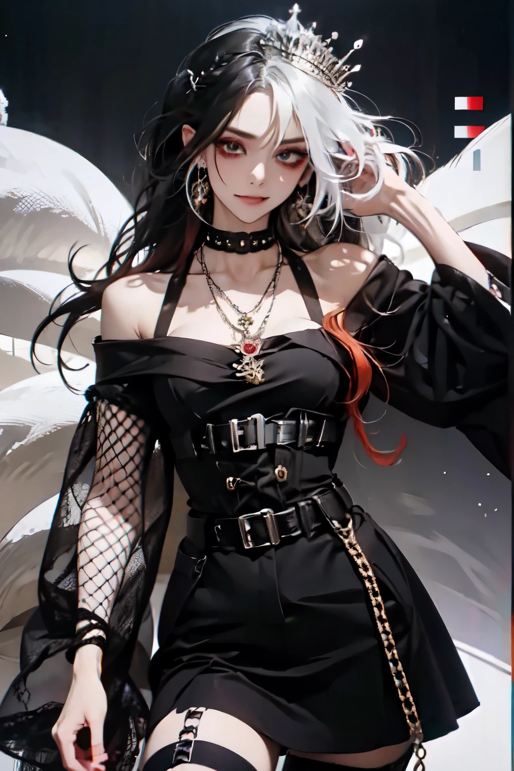 (masterpiece, best quality:1.2), 1girl, solo , emel , fishnet legwear , pantyhose , chain , midriff , black eyes , , O-ring , thigh strap , leg belt , black and white hair , 2 coloured hair , strap cloth , black hair , white hair ,  , flower , palace , asymmetrical dress , smirk , grin , red hair , teeth , smile , long hair , multi colour outfit , jewellery , head spike  , crown , hair ornament , kimono 