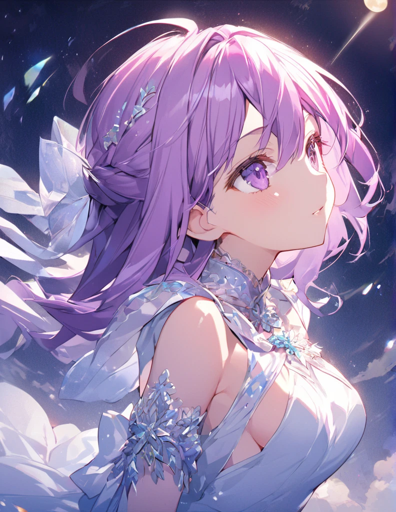 Profile of a beautiful girl with long purple hair and a princess dress. Side boob exposure. Screentone processing Looking up at the moon Shaded painting style Shining Star vivid description