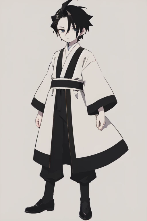 14 year old boy with pale skin, black messy hair, and shiny gold eyes wearing white robes, black pants, and white shoes in hunter x hunter manga style