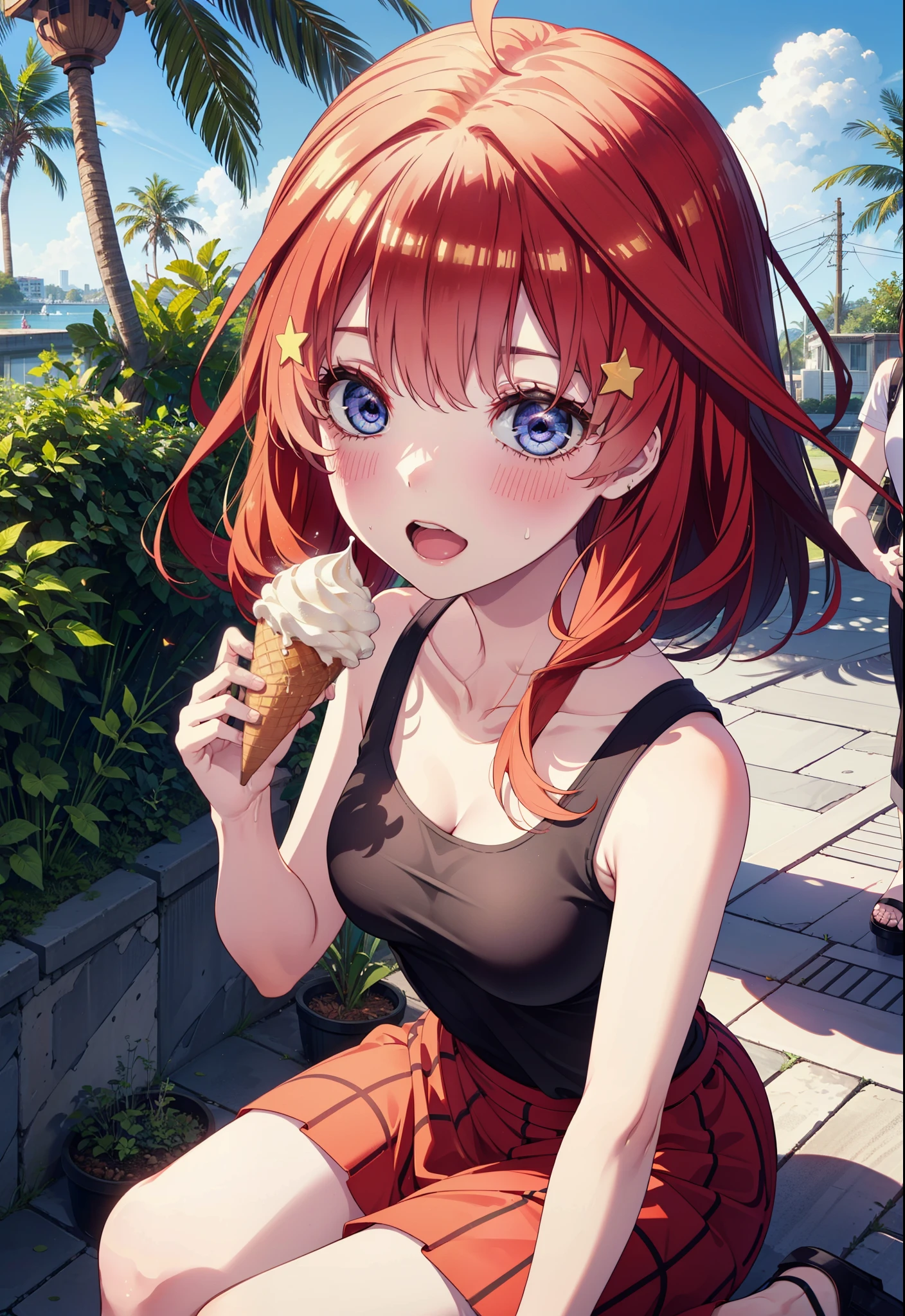 Mea kurosaki,Mea Kurosaki,Redhead,Long Hair,Long braids,Purple eyes,smile,Open your mouth,Black Tank Top,Black string underwear,barefoot,Sweat,Holding ice cream in both hands,Eating ice cream,Sitting on the sofa,whole bodyがイラストに入るように,
break looking at viewer, whole body, break outdoors, room, break (masterpiece:1.2), Highest quality, High resolution, unity 8k wallpaper, (shape:0.8), (Beautiful and beautiful eyes:1.6), Highly detailed face, Perfect lighting, Extremely detailed CG, (Perfect hands, Perfect Anatomy),