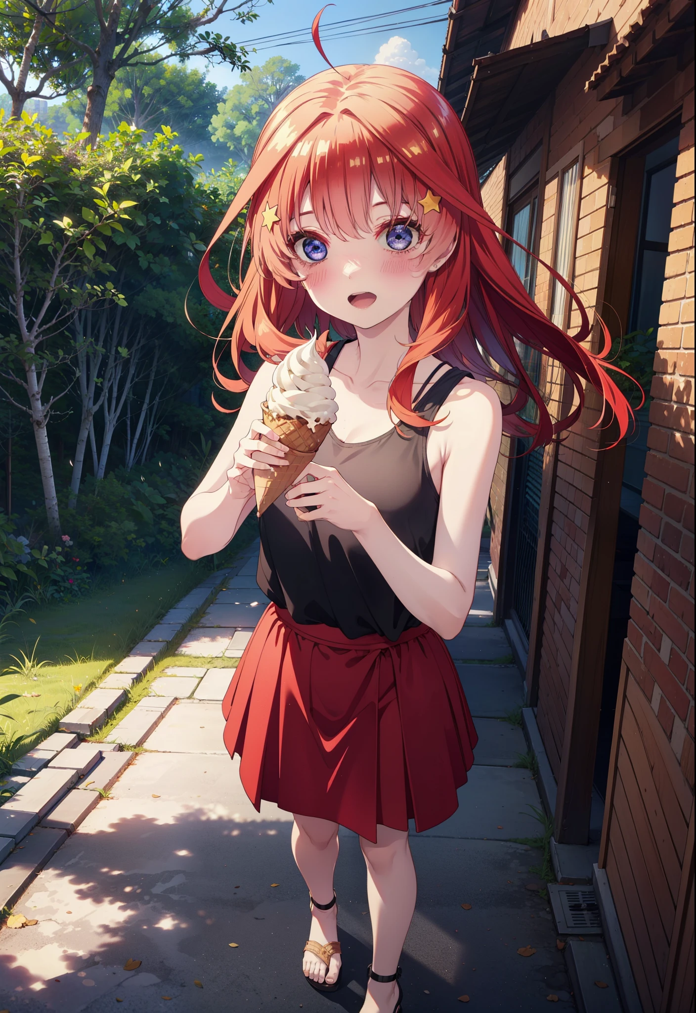 itsukinakano, Itsuki Nakano, bangs, blue eyes, Hair between the eyes, Ahoge, Redhead, star \(symbol\), hair ornaments, star hair ornaments,ハイビスカスのhair ornaments,Red Tank Top,Long skirt,Heeled Sandals,Walking,smile,blush,Open your mouth,Eating ice cream,Holding ice cream in one hand,whole bodyがイラストに入るように,Palm tree,True Summer,Clear skies,
break outdoors,Building district,tropical,
break looking at viewer,whole body ,
break (masterpiece:1.2), Highest quality, High resolution, unity 8k wallpaper, (figure:0.8), (Beautiful attention to detail:1.6), Highly detailed face, Perfect lighting, Highly detailed CG, (Perfect hands, Perfect Anatomy),