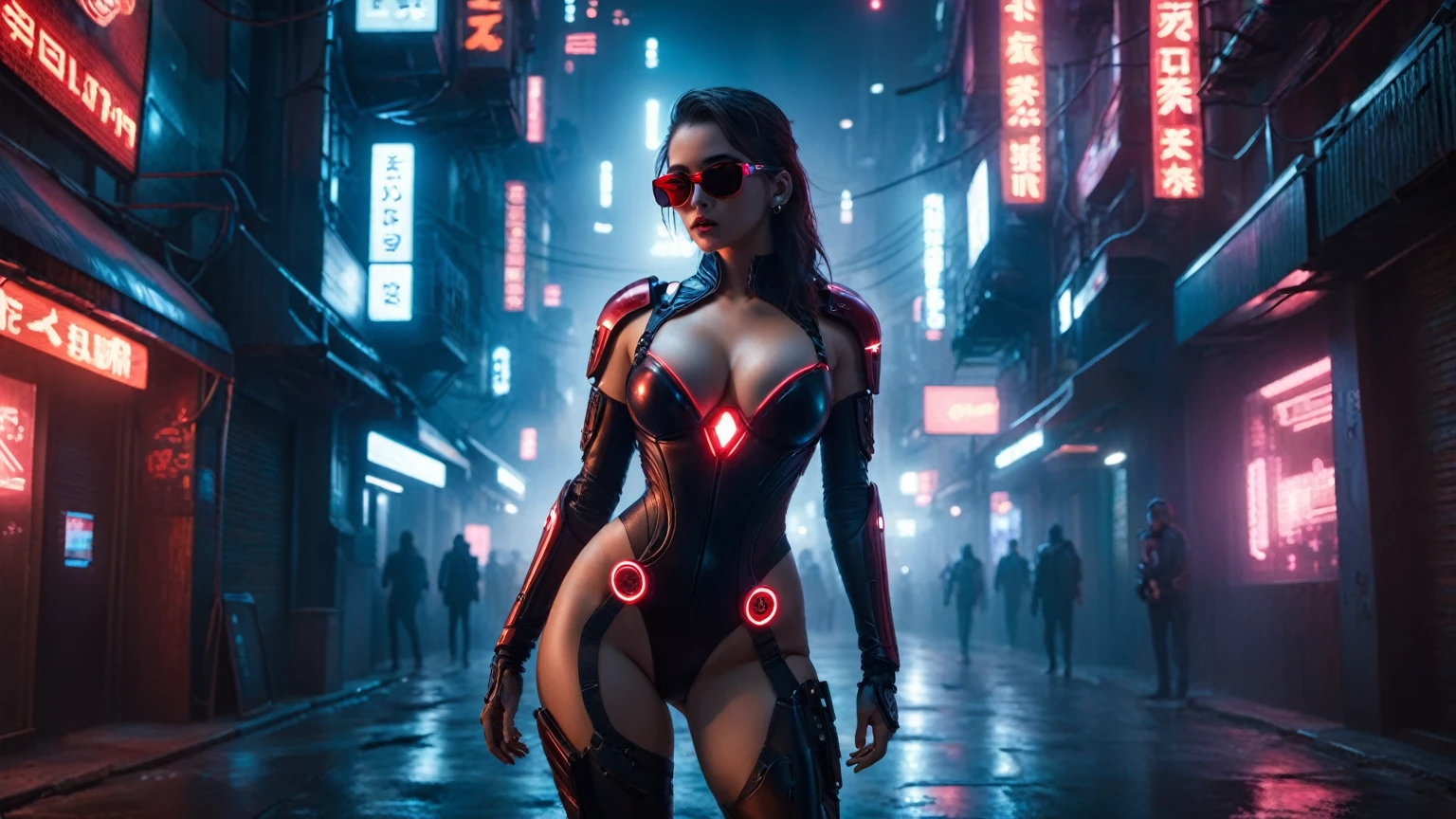 There's a cyborg woman (8k) wearing a futuristic leotard (best quality) standing in a cyberpunk city alley at night, darksynth aesthetic, red neons, haze, foggy night, ultra detailed, photorealistic, (1girl, solo, alone), large-breast:1.2 slim body, cleavage:1.1, (black sunglasses), (((she raised a pistol:1.8 and shot the viewer))), dynamic pose, (((half-body thigh level medium shot))), cinematic lighting, lens flare, ray tracing.