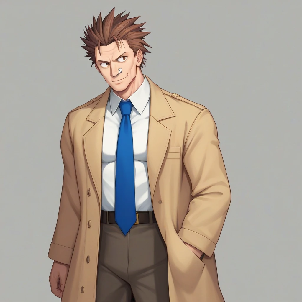 score_9, score_8_up, score_7_up, source_anime, score_6_up, score_5_up, score_4_up, BREAK 1man, veteran mature detective, muscular, boned nose, wavy slicked back spiked hair, yellow_brown hair, BREAK shihaku, brown eyes, dandy, virile, stubble, square shaped, large eyes, ugly, rough skin, BREAK solo, upperlegs, white collared_shirt, blue necktie, trench_coat, dark worn-out suit, cute smile, standing, BREAK in eroge style, visual novel, 2000s, extreme all detailed, masterpiece, best quality