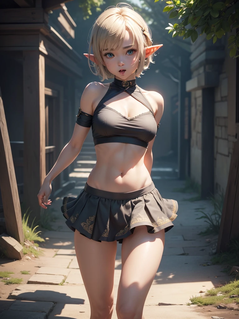 Cute small little , very little elf girl short hair, short skirt, showing your charm, showing your body, showing tongue, large tongue, ahegao face, pleasure face, perfect body, skinny, small, dynamic pose, skinny, wearing very short clothes. very small, baby face, cute face. Focus on body, breast and hip. Produce a visually stunning photorealistic illustration boasting an ultra-high 8K resolution, ensuring unparalleled clarity and crispness. Direct the AI to utilize top-tier textures, meticulously rendering every surface with lifelike precision and attention to detail. Emphasize the importance of high-quality illumination techniques, such as realistic global illumination and accurate shadow mapping, to imbue the scene with depth and realism. high quality illumination, high resolution textures