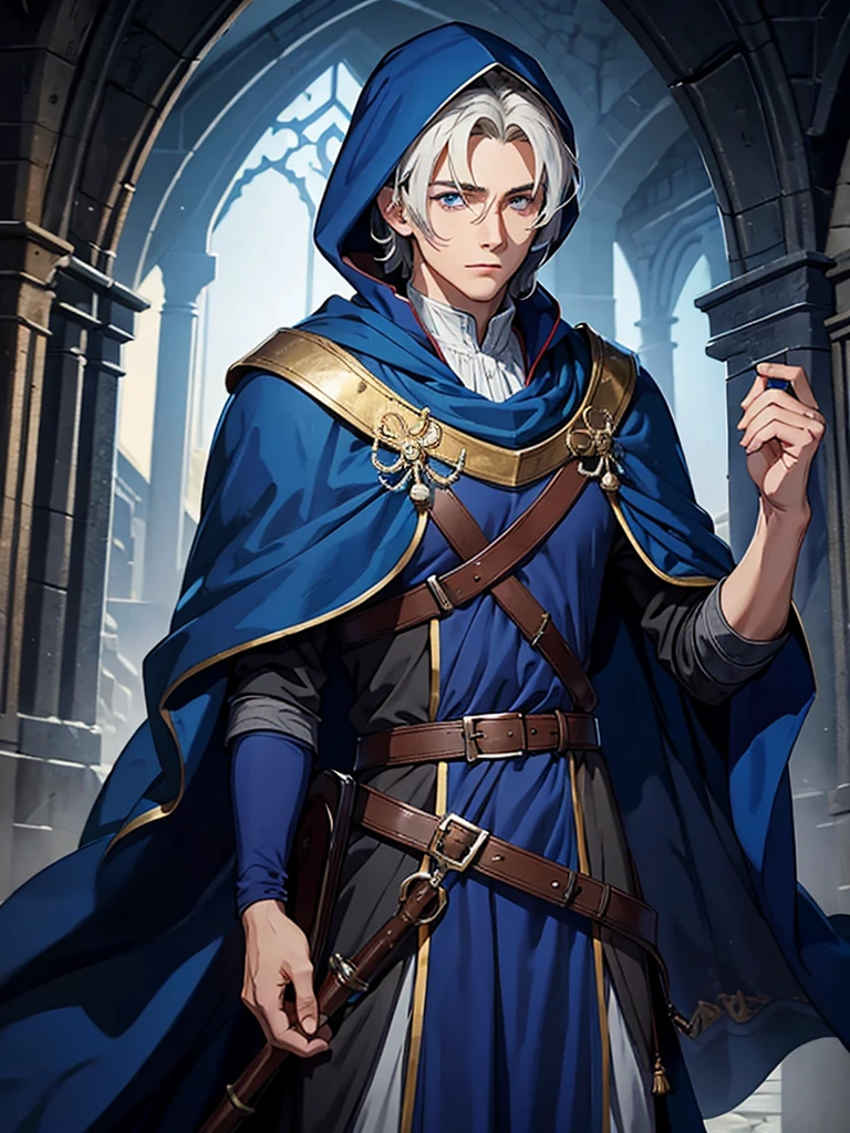 Make a young man and academic scholar, with a big blue cloak, RPG medieval, do it with ultra quality