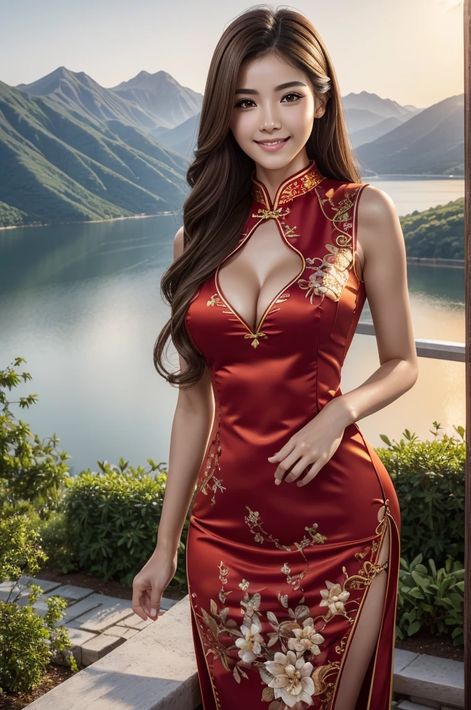 (half body shot), ultra-detailed, realistic, photorealistic:1.37, young and beautiful 22 year old Spanish Girl, beautiful detailed eyes, beautiful detailed lips, extremely detailed face, long eyelashes, intimate view, slender, soft lighting, vibrant colours, smile, random hairstyle, golden brown hair, light brown eyes, flawless skin texture, perky small breasts, gentle breeze, wearing a RED ultra detailed Cheongsam Dress, standing on a garden, mountainous and lake views, sunset