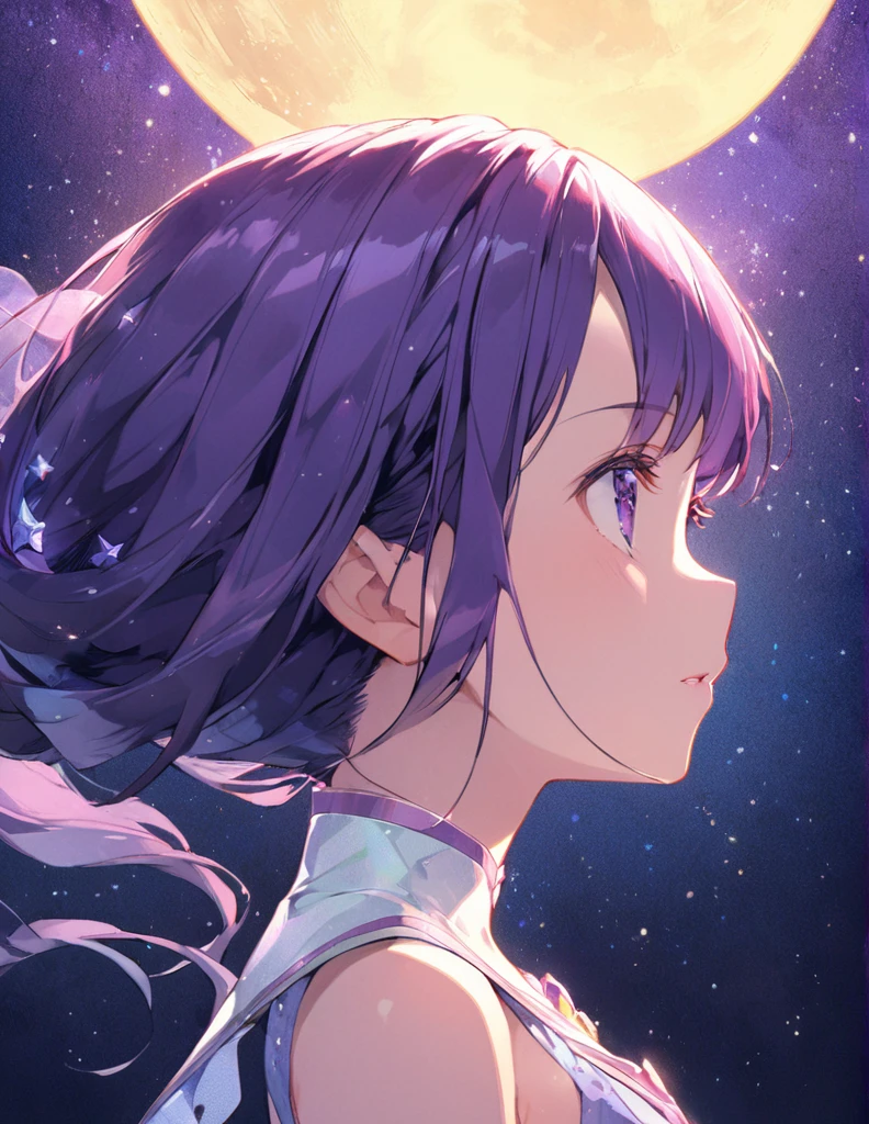 Profile of a beautiful girl with long purple hair and a princess dress. Side boob exposure. Screentone processing Looking up at the moon Shaded painting style Shining Star vivid description