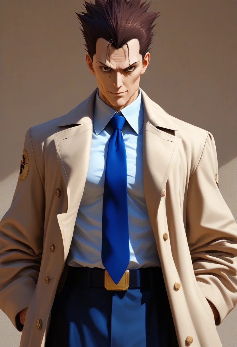 score_9, score_8_up, score_7_up, source_anime, score_6_up, score_5_up, score_4_up, BREAK 1man, veteran mature detective, muscular, boned nose, wavy slicked back spiked hair, yellow_brown hair, BREAK shihaku, brown eyes, dandy, virile, stubble, square shaped, large eyes, ugly, rough skin, BREAK solo, upperlegs, white collared_shirt, blue necktie, trench_coat, dark worn-out suit, cute smile, standing, BREAK in eroge style, visual novel, 2000s, extreme all detailed, masterpiece, best quality