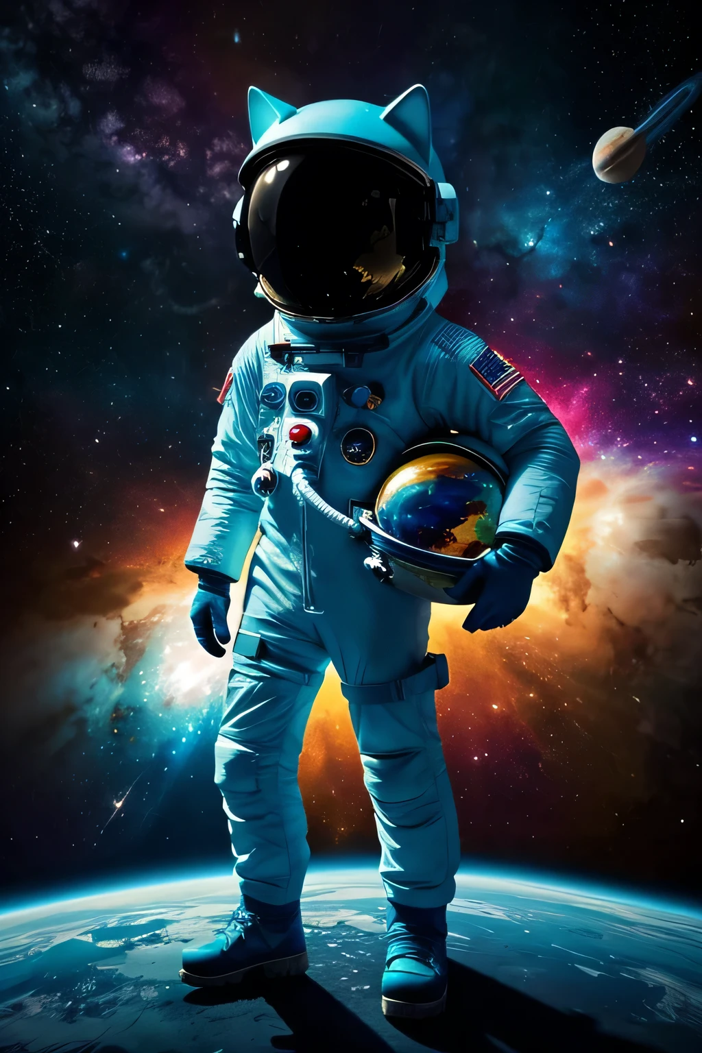 a cyan colored astronaut in space, wearing a cat helmet, surrounded by colorful planets, cinematic, vibrant colors, digital art, concept art, 8k, highly detailed, photorealistic, dramatic lighting, masterpiece, intricate details