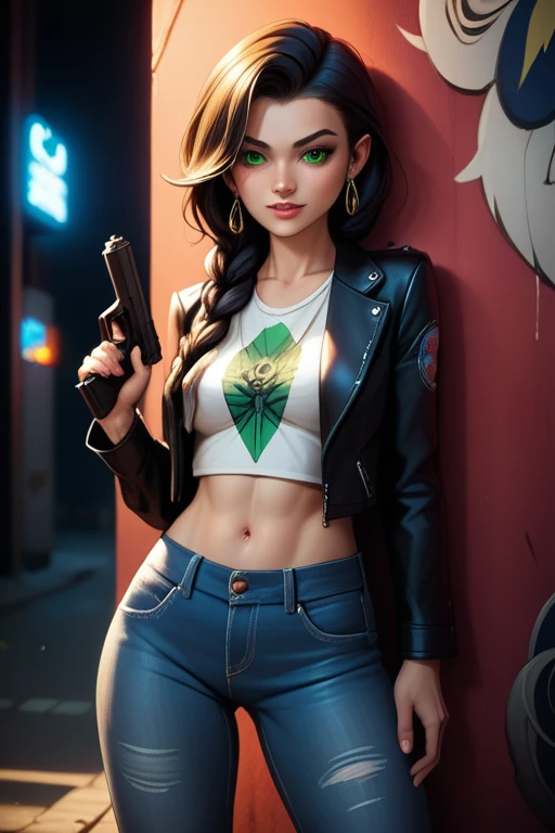 back looking forward, sexy, mason, back, smiling, hair ponytail and blue eyes, brunette, black croptop, top, green jacket, black pencil pants, red boots, high heeled boot
