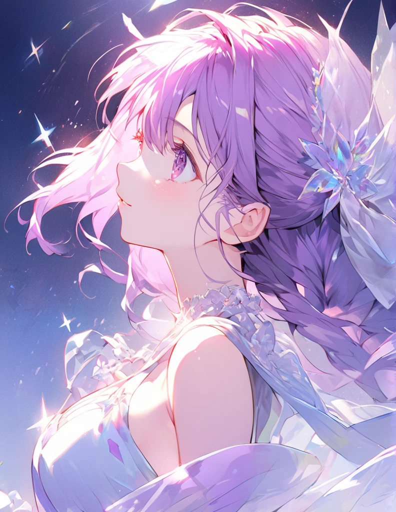 Profile of a beautiful girl with long purple hair and a princess dress. Side boob exposure.　Screentone processing　Looking up at the moon　Shaded painting style　Shining Star　vivid description
