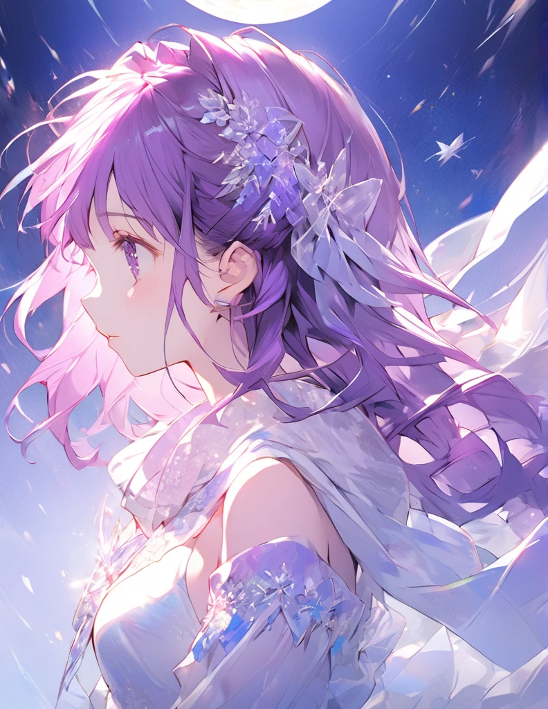 Profile of a beautiful girl with long purple hair and a princess dress. Side boob exposure. Screentone processing Looking up at the moon Shaded painting style Shining Star vivid description