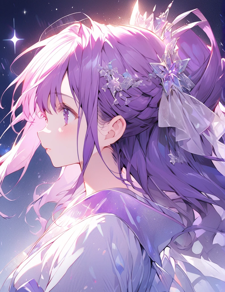 Profile of a beautiful girl with long purple hair and a princess dress. Side boob exposure. Screentone processing Looking up at the moon Shaded painting style Shining Star vivid description